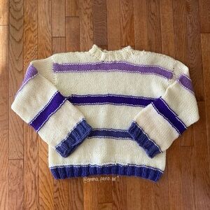 cream and purple hand knit sweater
